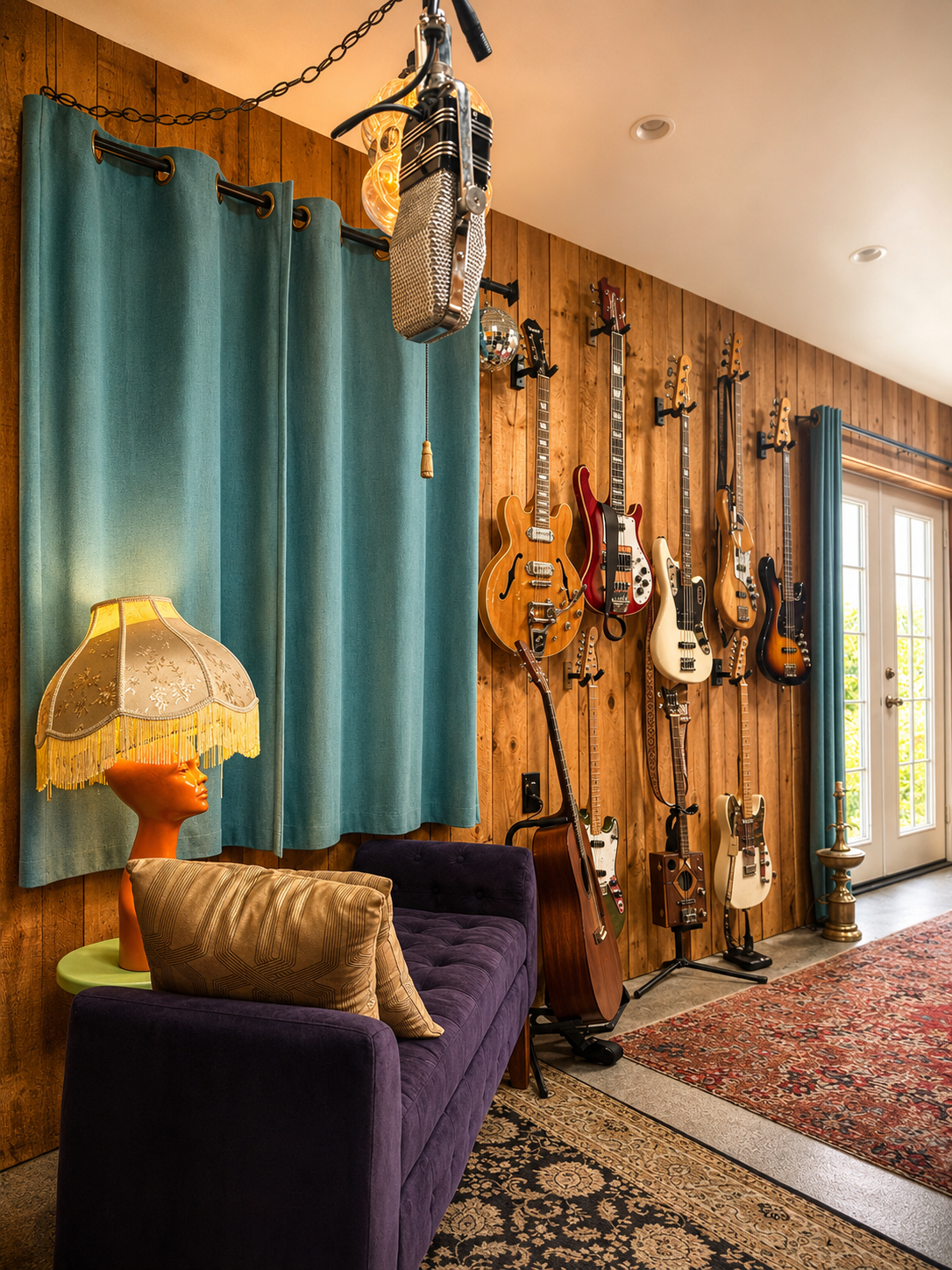 guitars sitting in a row